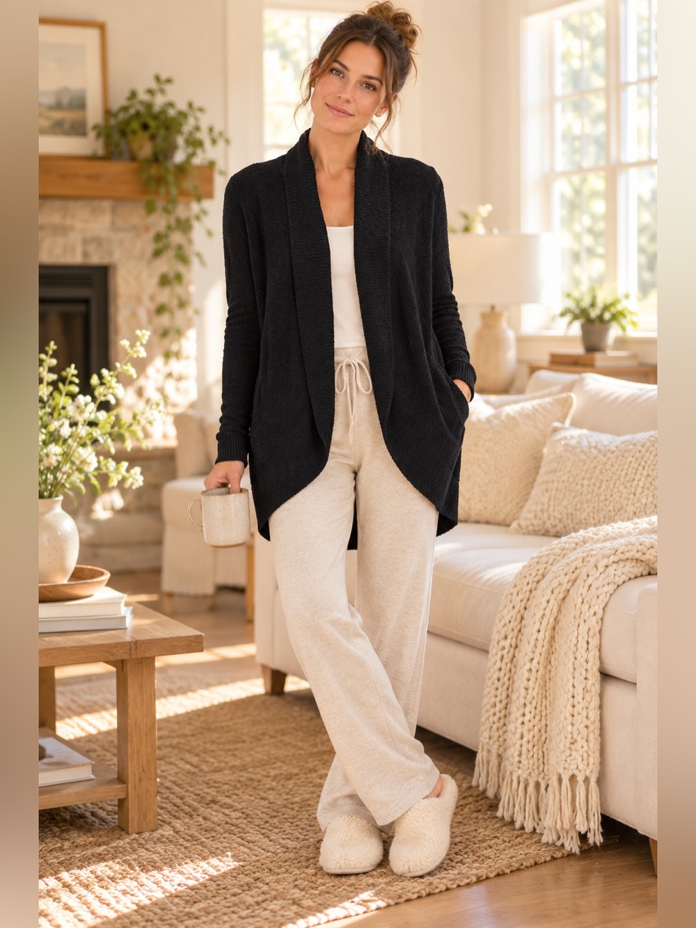 Barefoot Dreams CozyChic Lite Circle Cardigan Black Bamboo Long Sleeve Medium